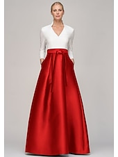 abordables Robes de Soirée-Robe de soirée en A noir et blanc élégante robe formelle invitée de mariage longueur de sol manches longues décolleté en V satin avec poches et nœud(x)