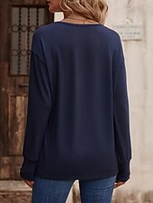 billige Plain t-skjorte-Dame Bluse Helfarge Stilfull Fritid Langermet V-hals Vanlige topper Daglig Knapper Svart Hvit Vin Militærgrønn Navyblå Sommer Vår