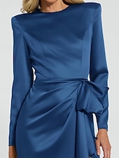 baratos Vestidos de noite tipo tubinho-Vestido de Noite Black Tie Sereia  Trompete Vestido Elegante Formal Casamento Comprimento de Piso Manga Longa Vestido de Cetim Decote Redondo com Laço(s) Fenda com Pregas