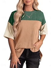 billige Stripe og geometrisk t-skjorte-Dame T skjorte Fargeblokk Mote Moderne Fritid Kortermet Crew-hals Vanlige topper Daglig Helg Lapper Svart Rosa Oransje Grønn Kakifarget Sommer Vår
