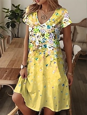 billiga Blommiga klänningar-Dam Mini klänning T shirtklänning Solklänning A linjeklänning Semester Ledigt Strandstil Utekväll Strand Normal Blommig Grafisk Kortärmad V-hals Gul Rodnande Rosa Blå Purpur Sommar