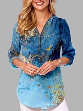 billige Blomstrete topper-Dame Bluse Blomstret Grafisk Geometrisk Stilfull Fritid Langermet V-hals Vanlige topper Daglig Glidelås Trykt mønster Svart Hvit Rosa Marineblå Blå Sommer Vår Høst