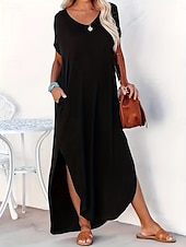 abordables Robe blanche-Femmes Robe maxi Robe d&#039;été Occasionnel Quotidien Coupe régulière Uni Manche Courte Col en V Noir Rose Claire Vert Été