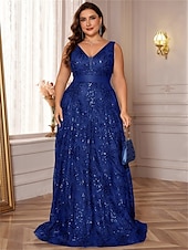 preiswerte SCHWARZ-A-Linie Plus Size Kleider Elegantes Kurvenkleid Formelles Hochzeitskleid Bodenlang Ärmellos V-Ausschnitt Spitze mit Pailletten 2025