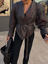 economico Giacche in finta pelle-Per donna Giacca in Ecopelle Caldo Confortevole Allacciato Tasca Moda All&#039;aperto Semplice All&#039;aperto Streetwear Uscire Regolare Collo ripiegato Vestibilità regolare Manica Lunga Capispalla Nero