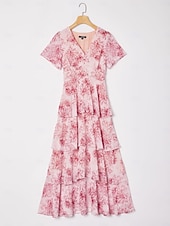 abordables Robes décontractées-Robe longue décontractée pour femme, tenue de soirée, col en V, manches courtes, coupe trapèze, imprimé floral, volants superposés, tenue de tous les jours, jupe gâteau, taille ajustée, robe longue