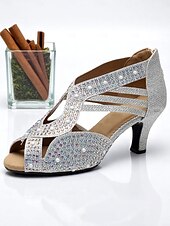 cheap Latin Shoes-Women&#039;s Rhinestone Peep Toe Mid Heel Dance Shoes with Glitter Mesh Upper for Latin Ballroom and Salsa Performances