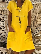 abordables Robes Bohémiennes-Femmes Robe Midi Robe en lin Robe Décontractée Robe bohème Robe Imprimée Élégant Mode Classique Manches bouffantes Vacances Fête Robe d&#039;Automne Coupe régulière Abstrait Manche Courte Col en V Jaune