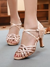 abordables Chaussures de danses latines-Chaussures de danse latine à talons strass pour femmes avec design à lanières, chaussures de salon à bout ouvert en satin pour performances professionnelles et soirées à thème Gatsby