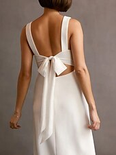 abordables Robes de Mariée-Fiançailles Petites Robes Blanches Robes de mariée Ligne A Col en V Sans manches Longueur thé Tissu Extensible Robes de mariée Avec Noeud(s) Devant Fendu 2025
