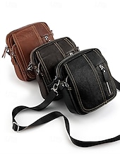 cheap Men&#039;s Bags-Men&#039;s genuine leather messenger bag with zipper pocket, Retro style, Can be inserted into the belt to use as a waist bag, Suitable for outdoor travel, Hiking, Camping or western cowboy wear