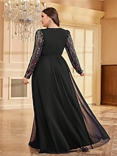 cheap BLUE-A-Line Plus Size Dresses Elegant Curve Dress Formal Wedding Floor Length Long Sleeve V Neck Chiffon with Sequin