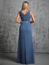 voordelige BLAUW-Zeemeermin  Trompet Quinceanera Jurken Elegante Jurk Formeel Bruiloft Vloerlengte Mouwloos V Hals Chiffon met Split