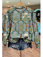 cheap Boho Tops-Women&#039;s Pullover Sweatshirt Floral Graphic Warm Vintage Gothic Lolita Long Sleeve Crew Neck Regular Tops Street Dailywear Casual Print Light Pink Red Brown Green Beige Spring Fall Winter