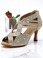 cheap Latin Shoes-Women&#039;s Rhinestone Peep Toe Mid Heel Dance Shoes with Glitter Mesh Upper for Latin Ballroom and Salsa Performances