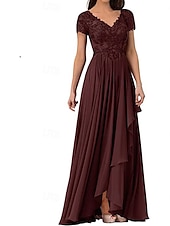 abordables Longueur du plancher-Ligne A Robe de Mère de Mariée  Élégant Simple Col en V Longueur au sol Chiffon Manche Courte avec Couleur Unie 2025