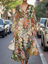 abordables Robes Floraux Imprimés-Femmes Robe Midi Robe Décontractée Robe Imprimée Élégant Mode Extérieur Soirée Fête Coupe régulière Géométrique Rayé manche longue Col en V Noir Vert Kaki Été Printemps