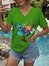 ieftine Tricou cu animale-Pentru femei Tricou Grafic Animal Fluture Epocă Stilat Clasic Manșon scurt În V Topuri obișnuite Zilnic Ieșire Sfârșit de săptămână Imprimeu Negru Alb Galben Roz Îmbujorat Roșu-aprins Vară Primăvară