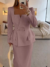 preiswerte Mamas Kleidersets-Zweiteiliges Fisch  Trompete Mutter der Braut Kleid Elegantes Peplum Kleid Set Einfach Minimalistisch Quadrat-Ausschnitt Tee Länge Krepp Stretchstoff Lange Ärmel mit einfarbig