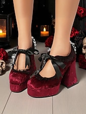 economico Per le donne-Scarpe con plateau in velluto in stile vittoriano gotico del XIX secolo da donna - décolleté mary jane bordeaux con rifiniture in pizzo e nastro per Halloween, cosplay e moda lolita