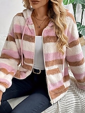 billige hettegenser jakke-Dame Fleece-jakke Hold Varm Glidelås Lomme Fritid Stribe utendørs Ferie Ut på byen Glidelås Normal Med hette Normal Langermet Yttertøy Rosa Vinter