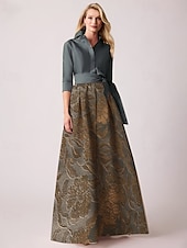 cheap Cocktail Dresses-Jacquard Brocade Floral A-Line Cocktail Dresses Elegant Dress Formal Wedding Floor Length Long Sleeve Shirt Collar Detachable Nylon
