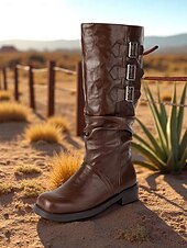 olcso Slouch Boots-Női barna műbőr térdig érő csizma tripla csatos pántokkal – western lovagló stílus őszi szettekhez, farmi napokra és szabadtéri viseletre