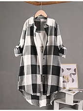 tanie Koszule-Damskie Szałat Wygodny Oddychający Guziki Nadruk Codzienny Kratka Urlop Ulica Codzienny Dzienne zużycie Guziki jednorzędowe Długie Wieczorne Regularny Długi rękaw Odzież wierzchnia Czarny i biały
