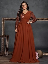 cheap BLUE-A-Line Plus Size Dresses Elegant Curve Dress Formal Wedding Floor Length Long Sleeve V Neck Chiffon with Sequin