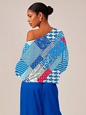voordelige Blouses &amp;amp; Shirts-Dames Vrouw Normaal shirt Oceaan Casual Koude schouder Marineblauw Lange mouw Elegant Vakantie Hedendaagse koude schouder Zomer