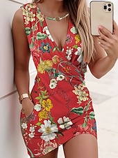 abordables Robes fleuries-Femmes Mini Robe Robe fourreau Robe Portefeuille Robe d&#039;Été Robe d&#039;été Occasionnel Quotidien Coupe régulière Fleuri Graphique Sans manches Col en V Jaune Rose Claire Rouge Bleu Été
