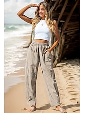 preiswerte Schlichte Hose aus Baumwollleinen-Damen Hose aus Baumwollleinen Basic Volle Länge Hohe Taille Einfach Tasche Komfort Außenbereich Mikroelastisch Urlaub Straße Lässig Schwarz Rosa Wein Marineblau Sommer Frühling Herbst Lässiger Schnitt