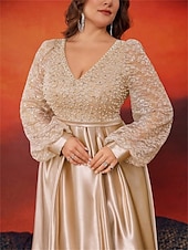 billige champagne-A-Line Plus Size Kjoler Elegant Kurve Kjole Formell Bryllup Gulvlengde Lang Erme V-hals Satin med Plisseringer