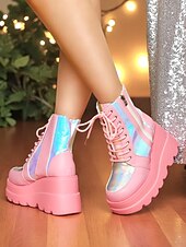 baratos Festa da Vida Noturna-Botas de combate femininas plataforma rosa, botas de cano curto holográficas com cadarço e salto grosso com zíper lateral, estilo de rua ousado para vida noturna e roupas de festa