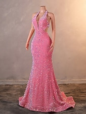 cheap Evening Dresses-Mermaid / Trumpet Evening Gown Elegant Dress Formal Prom Court Train Sleeveless V Neck Sequined with Sequin