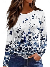 ieftine tricou floral-Pentru femei Tricou Floral Grafic Plante Epocă Stilat Clasic Manșon Lung Stil Nautic Rotund Topuri obișnuite Zilnic Imprimeu Alb Roz Îmbujorat Albastru piscină Vară Primăvară Toamnă