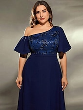 baratos AZUL-Vestido de Gala Linha A Vestido Elegante Casamento Formal Comprimento do Chão Manga Curta Um Ombro Cetim com Pregas