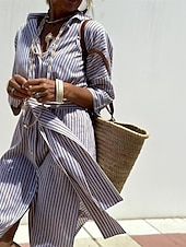 abordables concevoir des robes en coton et lin-Femmes Robe Midi Robes inspirées du lin Robe Chemise Robe Décontractée Mode Moderne Quotidien Plage Week-end Coupe régulière Rayé manche longue Col de chemise Rose Claire Marron clair Bleu Ét