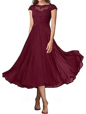 billiga Te Längd-A-linjeformad bröllopsfestmammas klänning elegant enkel krage ankellängd chiffon kort ärm med veck solid färg