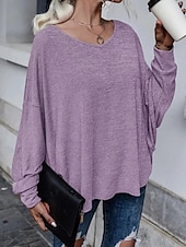 abordables Hauts Unis pour Femmes-Femmes Chemisier Uni Occasionnel manche longue Col en V Hauts Réguliers Quotidien Fête Sortir Ourlet asymétrique Bleu Poudré Violet Bleu clair Été