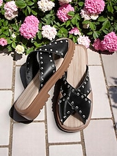 billige Uformelle sandaler-damesandaler med kryss og nagler, polstrede sandaler med åpen tå for festivaler, bassengkanten og helgeturer