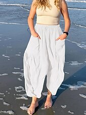 baratos Calça de linho de algodão simples-Mulheres Calças de linho de algodão chinês Moda Básico Casual Comprimento total Cintura Alta Tecido Bolsos Com Cordão Conforto Exterior Micro-Elástica Férias Rua Diário Branco Amarelo fúcsia cáqui