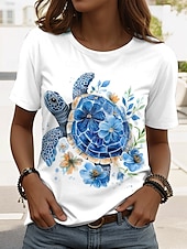 abordables T-shirt Animaux-Femmes T-shirt Graphique Animal Tortue de mer ancien Élégant Classique Manche Courte Col ras du cou Col rond Hauts Réguliers Quotidien Week-end Imprimé Blanche Bleu Roi Bleu Vert Blanc Ecru Ét