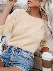 baratos Blusas Simples Femininas-Mulheres Camisa Social Côr Sólida à moda Casual Manga 3/4 Decote Canoa Tops regulares Diário Branco Rosa Bege Cinzento Primavera Outono