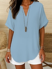 abordables Hauts Unis pour Femmes-Femmes Chemisier Couleur Unie Élégant Quotidien Occasionnel Manche Courte Col en V Encolure en V Hauts Réguliers Quotidien Sortir Patchwork Bleu Denim Blanche Rose Claire Bleu Vert Été Printemps