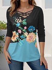 abordables T-shirt floral-Femmes T-shirt Fleuri Graphique ancien Élégant Moderne manche longue Col en V Hauts Réguliers Quotidien Découpé Imprimé Rouge Bleu Bleu Ciel Violet Printemps Automne