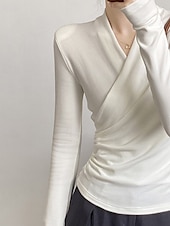 abordables Hauts Unis pour Femmes-Femmes Chemisier Uni Moderne Occasionnel manche longue Col en V Hauts Réguliers Quotidien Fête Froncé Noir Blanche Marron clair Automne