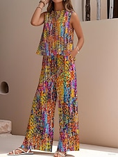 economico Set in cotone e lino-Completo due pezzi elegante da donna, stile streetwear, con camicetta, gilet, pantaloni, senza maniche, girocollo, casual, da lavoro, per attività all&#039;aperto, con stampa floreale, per le vacanze, vintage, per tutti i giorni, blu, viola, fucsia, estivo, ve