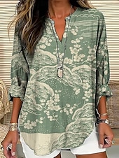 abordables Hauts d&#039;Art et de Design pour Femmes-Femmes Chemise Fleuri Élégant Moderne manche longue Col en V Hauts Réguliers Quotidien Fête Boutons Imprimé Rouge Vert Été
