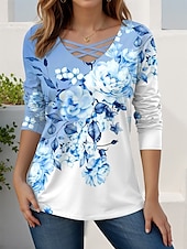 abordables T-shirt floral-Femmes T-shirt Fleuri Graphique ancien Élégant Moderne manche longue Col en V Hauts Réguliers Quotidien Découpé Imprimé Rouge Bleu Bleu Ciel Violet Printemps Automne